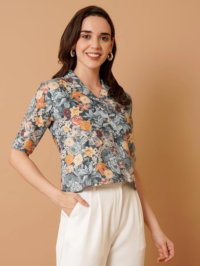 Floral Print Cotton Schiffli Shirt Style Top