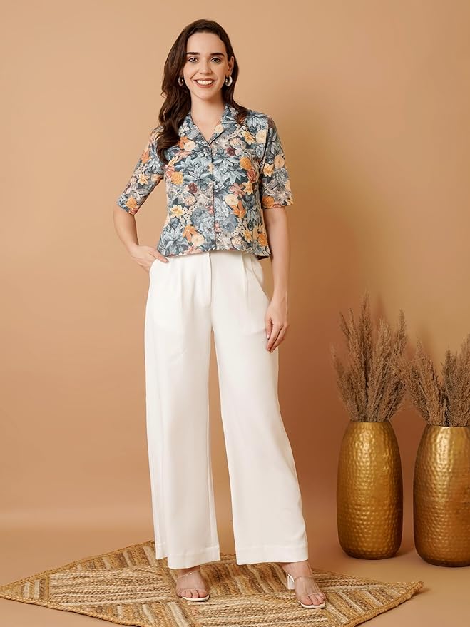 Floral Print Cotton Schiffli Shirt Style Top