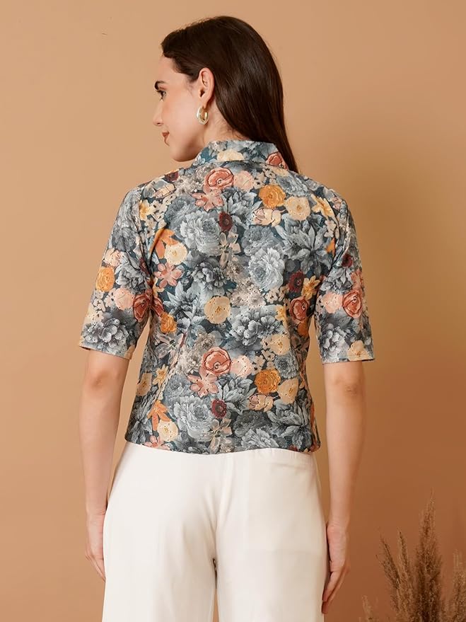 Floral Print Cotton Schiffli Shirt Style Top